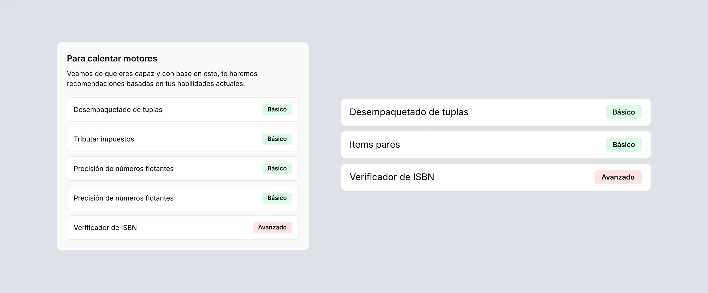 Elementos visuales para mostrar ejercicios