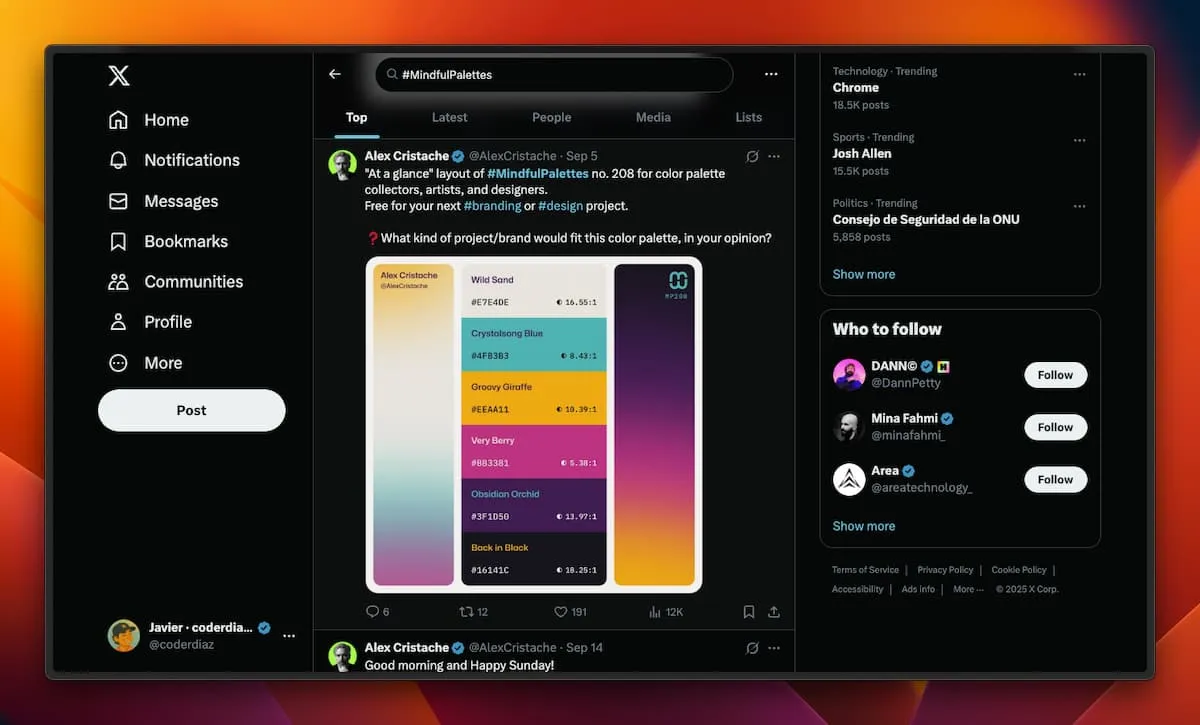 Paletas de colores #Mindful Palettes. Fuente: Alex Cristache en X