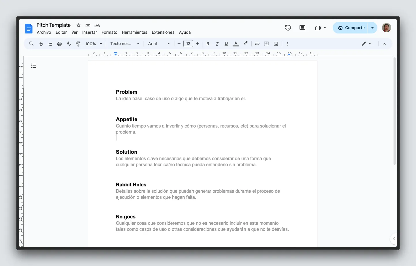 Plantilla para escribir un Pitch con Shape Up