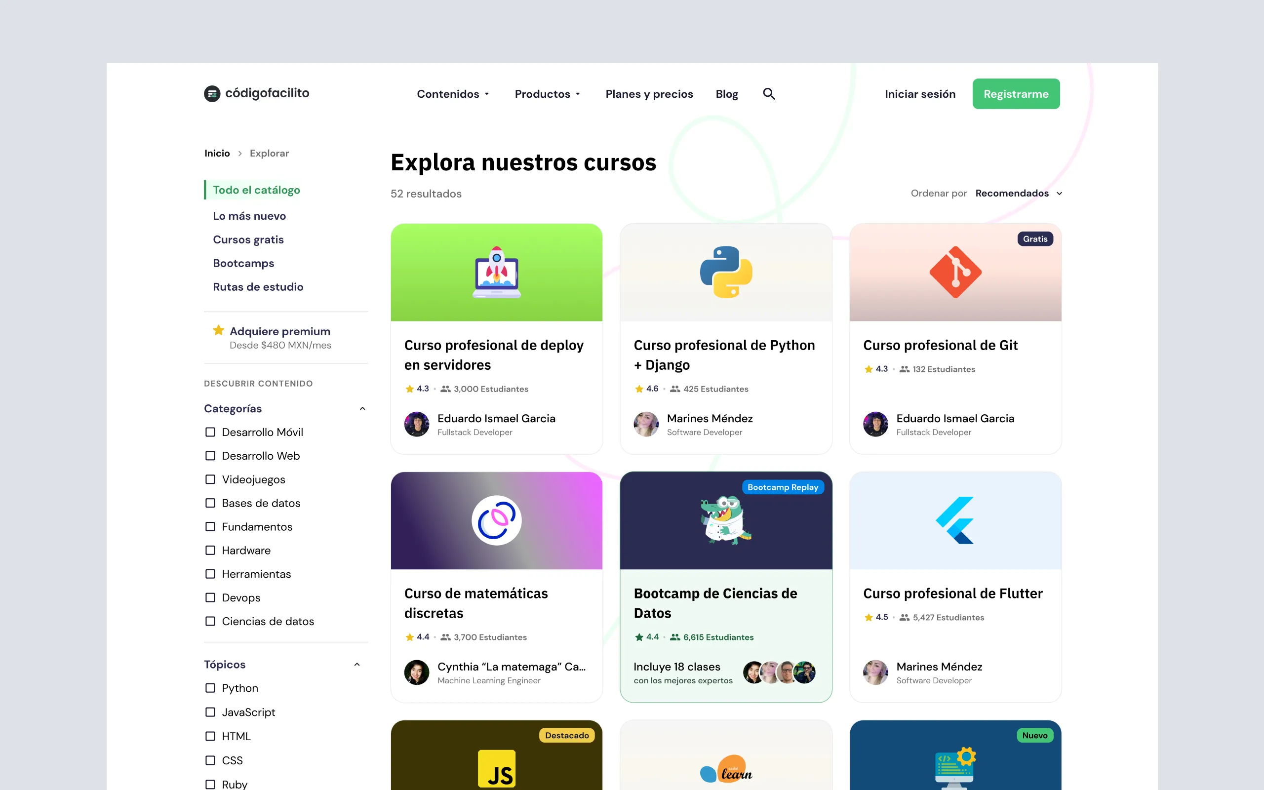 Pantalla de búsqueda de cursos y filtros