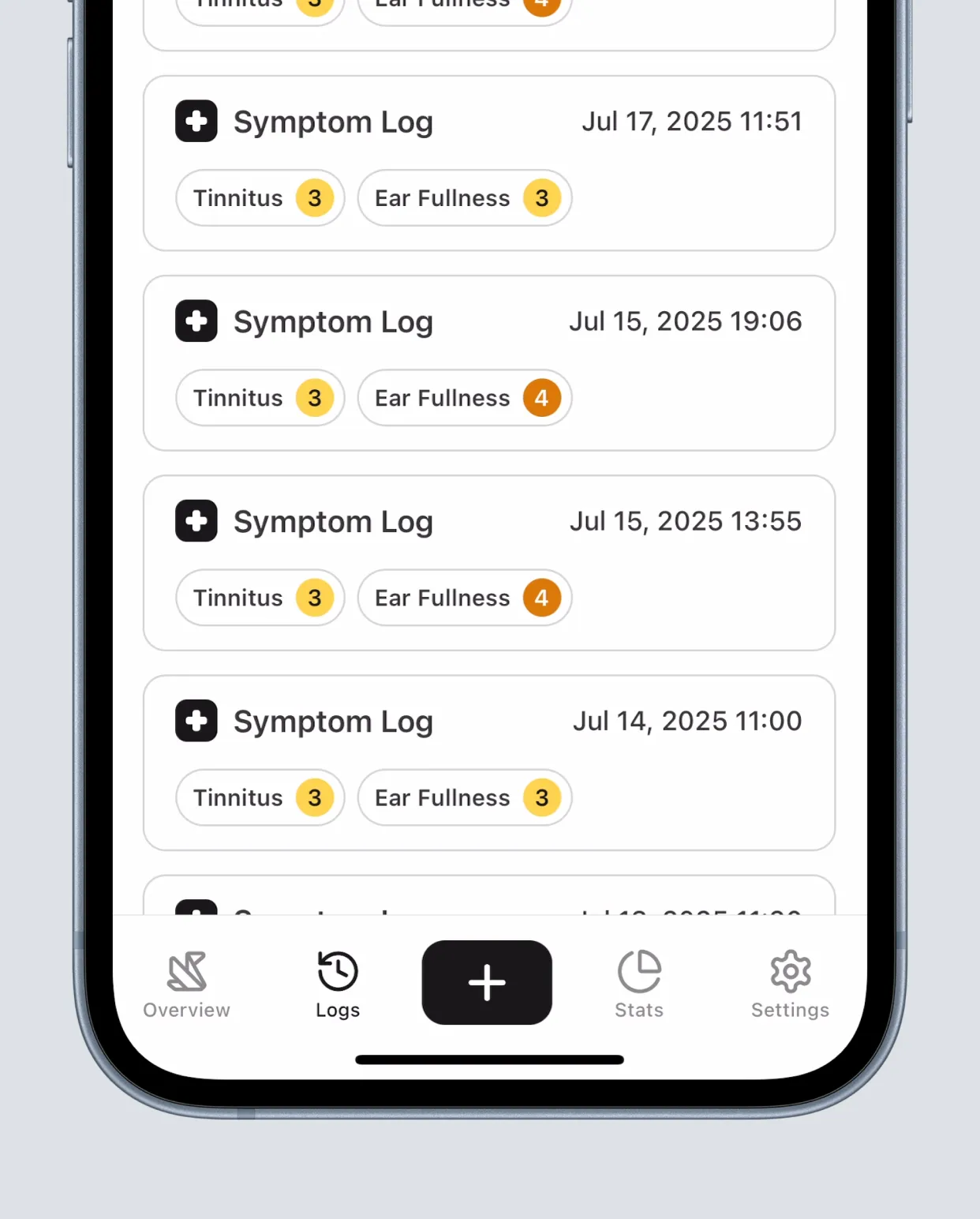 Pantalla de registros de síntomas