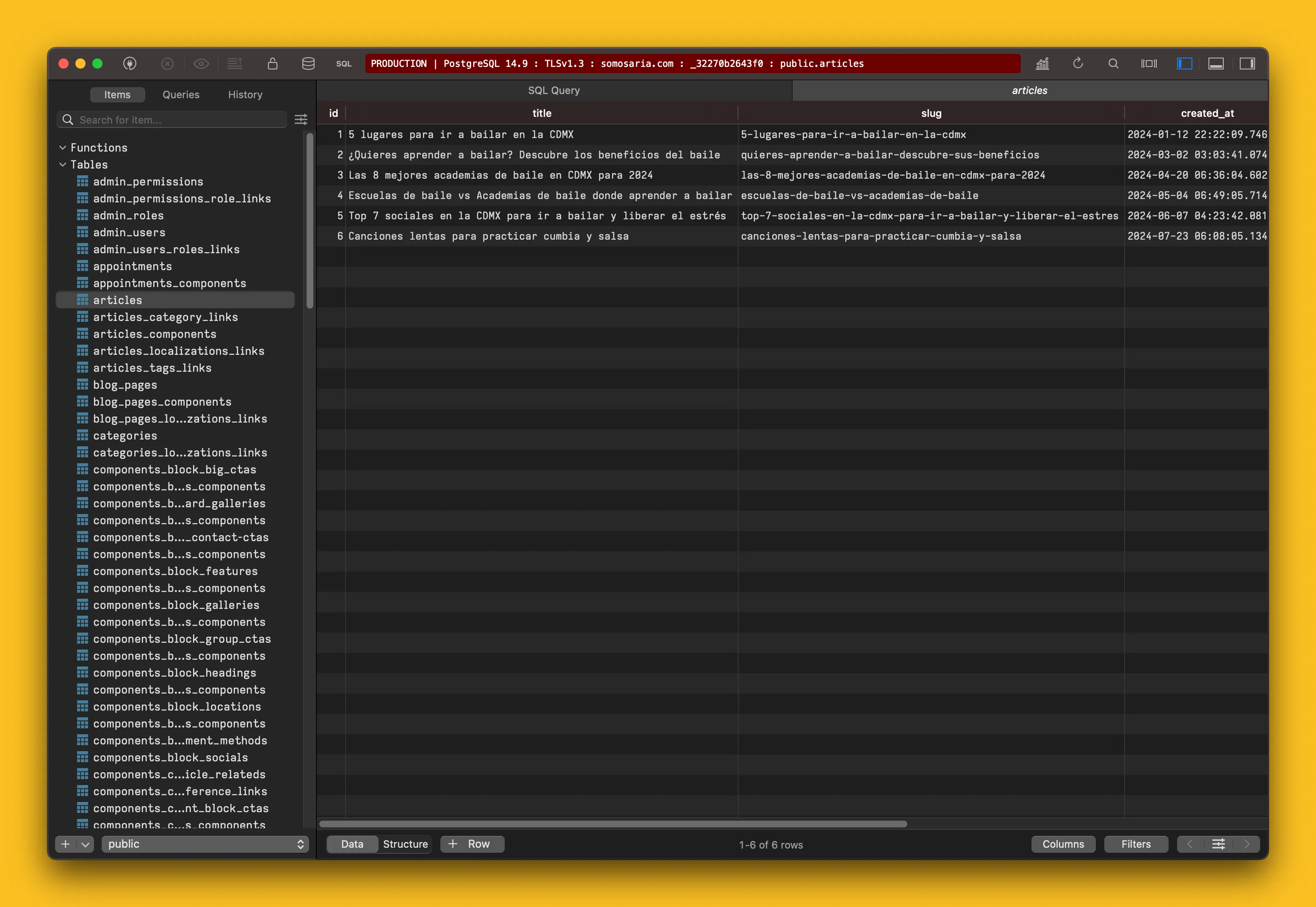 Pantalla ejecutando código SQL en TablePlus